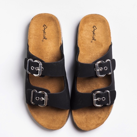 Black Adjustable Double Band Buckle Slides - Picture 2 of 8